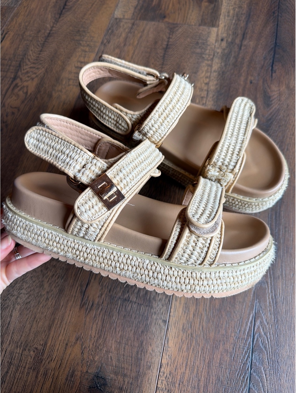 Beige Raffia Strap Platform Sandals with Adjustable Velcro